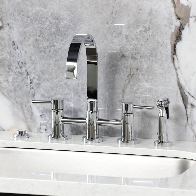 Kingston Brass Concord Two-Handle 4-Hole Deck Mount Bridge Kitchen Faucet with Brass Side Sprayer, Polished Chrome