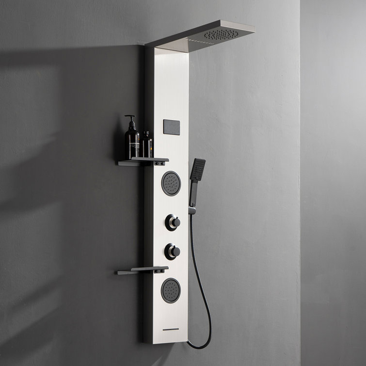Dual 4-In-1 2-Jet Rainfall Shower Panel System With Rainfall Shower Head,Shelf,Stub Spout And LED Light