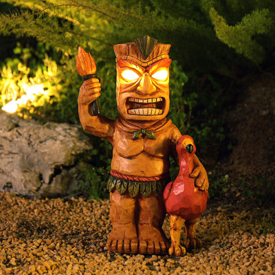 Solar Tiki Statue Garden Decor: Torch Tiki With Flamingo And Solar Powered Flickering Eyes Led Light - Outdoor Tiki Decoration - Perfect For Beach Resort Halloween Tiki Bar & Tribal Decor