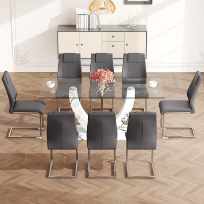 Large Modern Rectangular Glass Table And Chair Set: 0.39 - Inch Tempered Glass Top, MDF Legs, Seats 6 - 8, Paired With Comfortable Soft Chairs, Ideal For Dining Rooms, Living Areas, Merging Contemporary Design, Durability, And Cozy Functionality For Styli