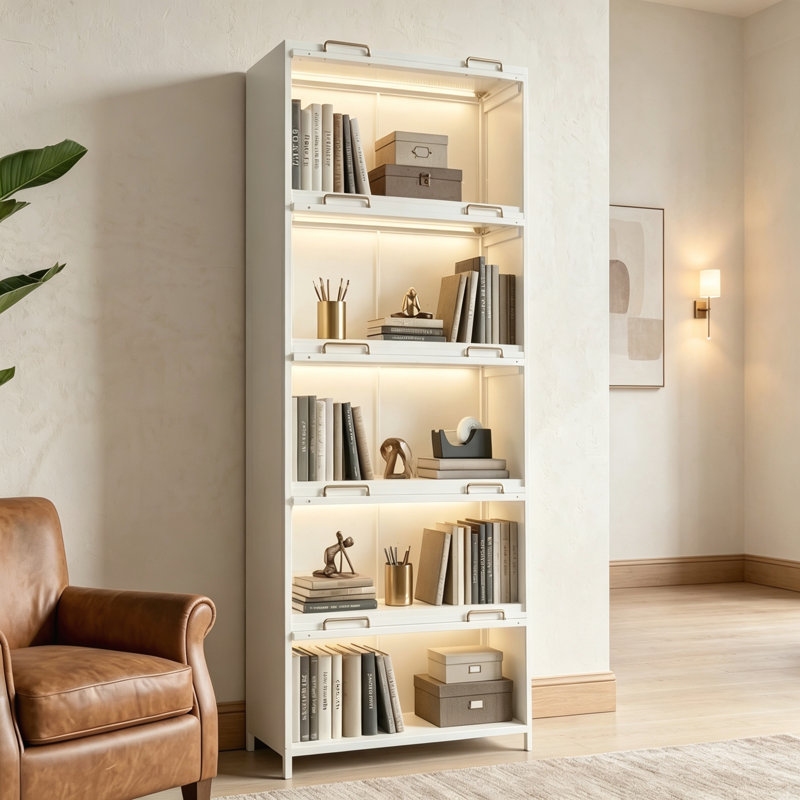 Bibliothèque en acier à 5 niveaux avec lumières DEL, Blanc