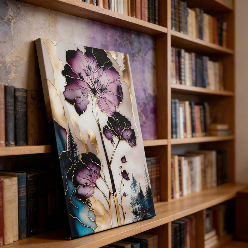 Purple Gold Abstract Flowers Canvas Wall Art Elegant Purple Gold Florals Pictures Wall Decor Purple And Gold Posters Prints Artwrok For Living Room Bedroom Hallway Home Decoration 12X16in
