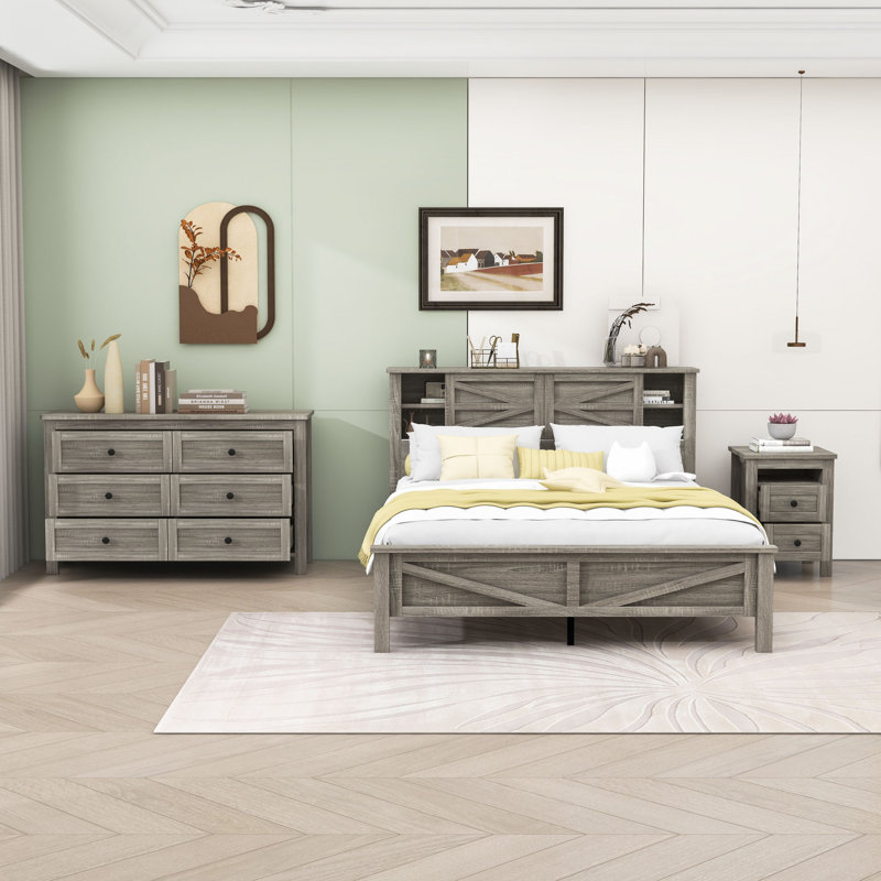 Ensemble de chambre à coucher, lit plateforme, table de chevet et commode avec tiroirs 3 pièces Halldin, Gris antique, Grand