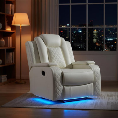Fauteuil de cinéma inclinable, fauteuil inclinable en cuir avec éclairage DEL, rangement pour bras cachés / ports USB, fauteuil inclinable électrique moderne pour le salon / cinéma maison / bureau, blanc chaud