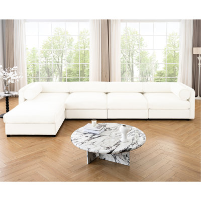 Canapé modulaire modulaire avec rangement pour le salon - en L 4 places, chenille blanche, assise confortable blanche, assise, cylindrique et