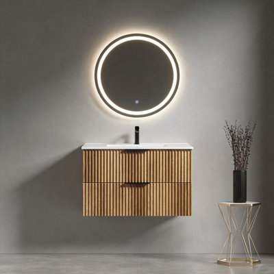 36 Inch Wall-Mounted Bathroom Vanity with 3D Fluted Panel and Ceramic Integrated Sink