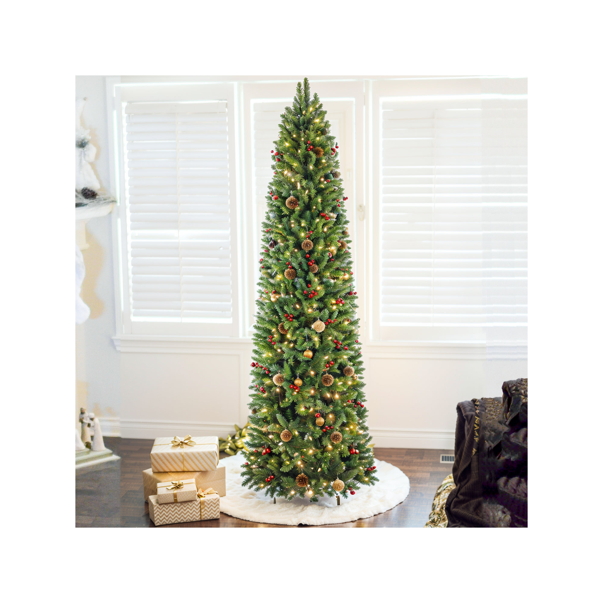Artificial Slim Christmas Tree Multi-Color LED Lights Dual Color Remote Control, 9'
