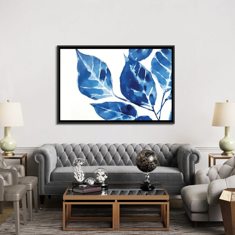 «Blue Leaves II», reproduction d'art sur toile encadrée, H 40 po x l 60 po, Reproduction encadrée sans passe-partout, Noir