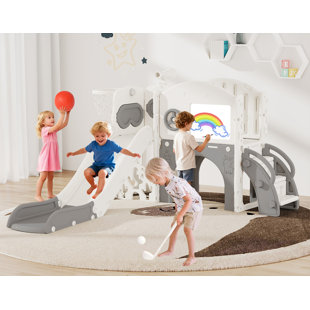 10-in-1 Toddler Slide Playset,Indoor Playground for Kids 1-3 and Toddler Outdoor playset with Golf Set, Basketball Hoop, Climbing Frame, Drawing Board and Steering Wheel, Yellow & Blue