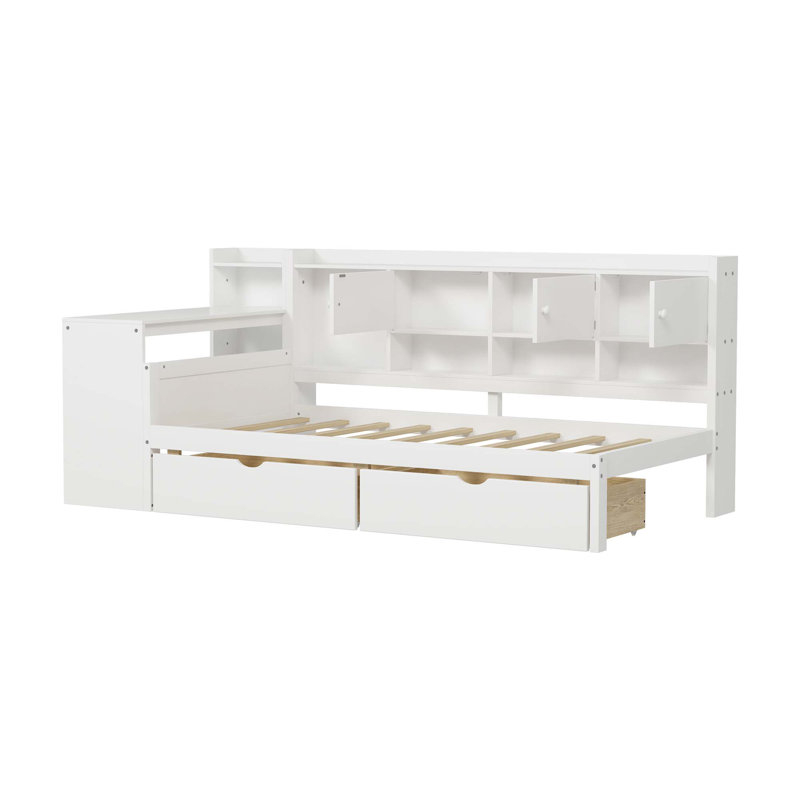 Wooden L-Shape Daybed With Seven Storage Cabinets And Two Storage Drawers, Multi-Functional Bed With Study Desk And Built-In Bookshelf