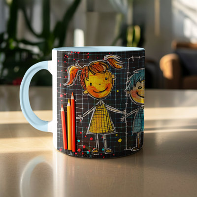 Set of 2 Kids Drawing Style 11oz Accent Mugs – Ceramic Coffee Cups with a Light Blue Handle and Interior