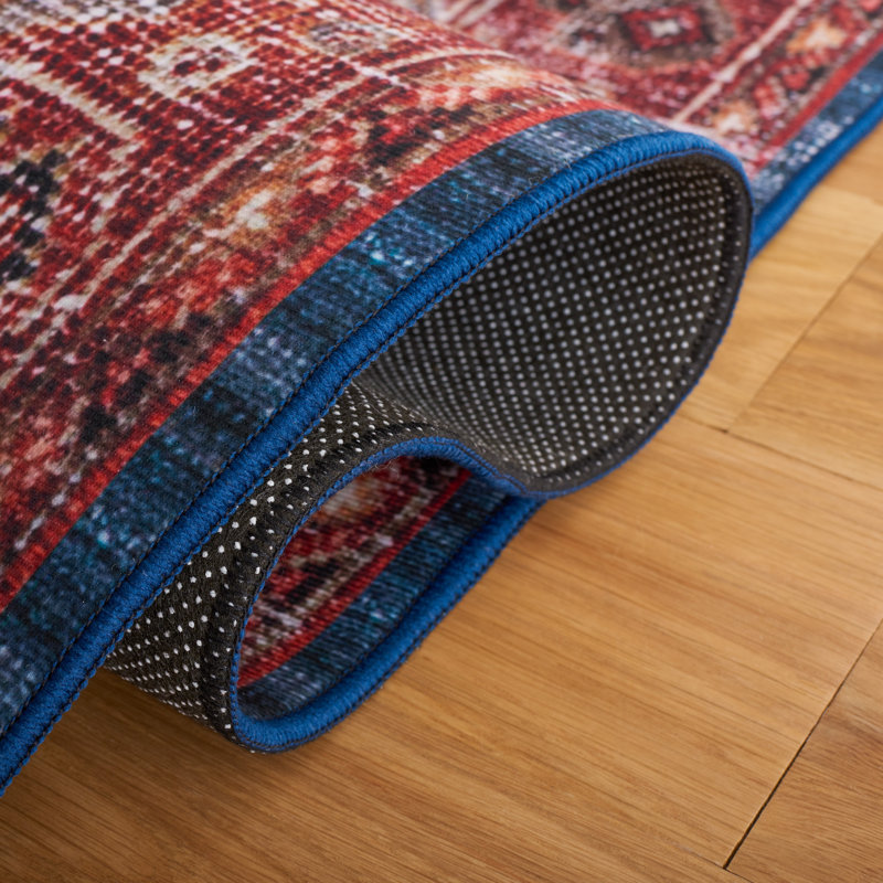 Navy and Rust Machine Washable Oriental Runner Rug