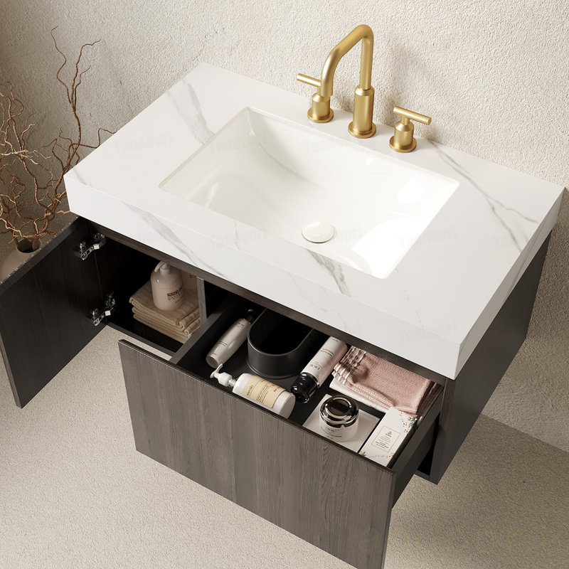 Meuble-lavabo de salle de bain, meuble de rangement flottant en contreplaqué avec tiroir et porte, plateau en pierre frittée Carrara et lavabo en céramique avec 3 trous de robinet pré-percés, pré-assemblé