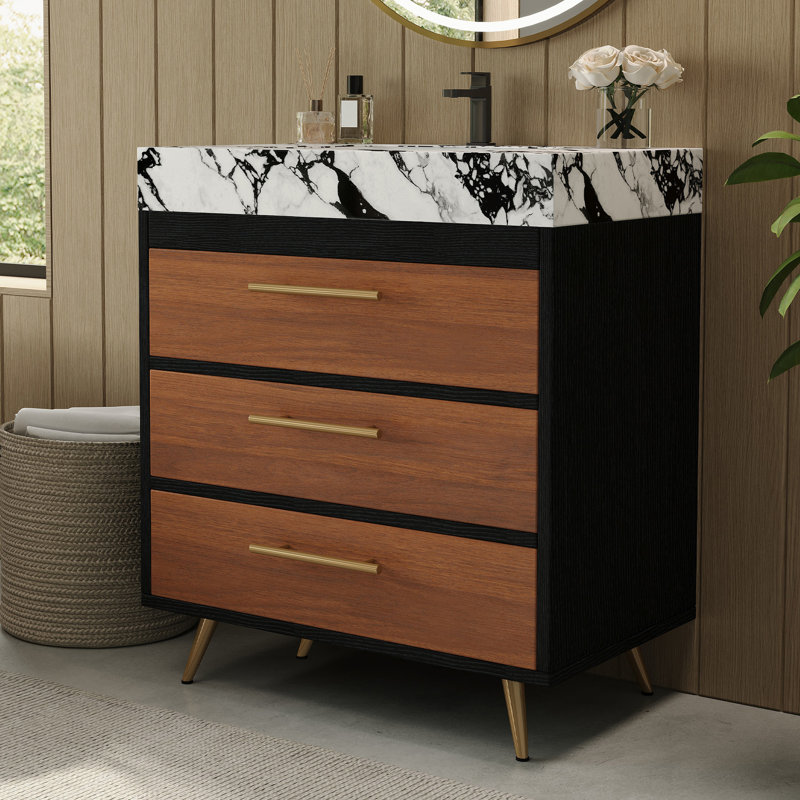 Meuble-lavabo rustique avec lavabo vasque en céramique, finition facile à nettoyer et grand espace de rangement moderne Mid-Century, pieds en acier