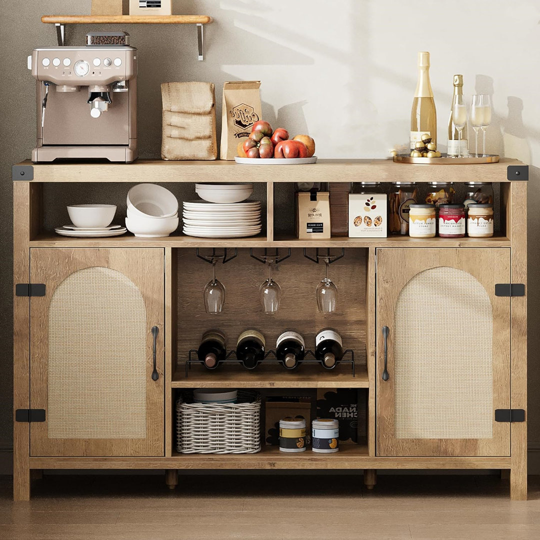 Rattan Kitchen Sideboard Buffet Cabinet With Storage And Wine Rack
