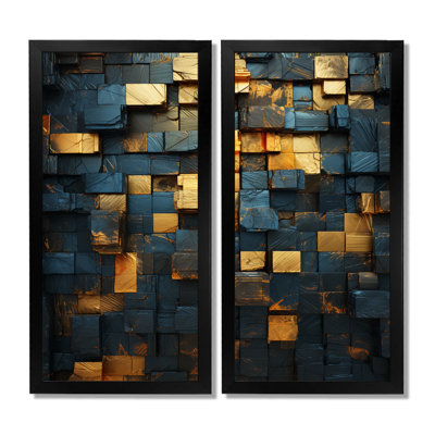 «Grunge Gold Cubes Abstract Geometric - Abstract Tile Large Wall Art», ensemble de 2 reproductions sur toile abstraites dorées