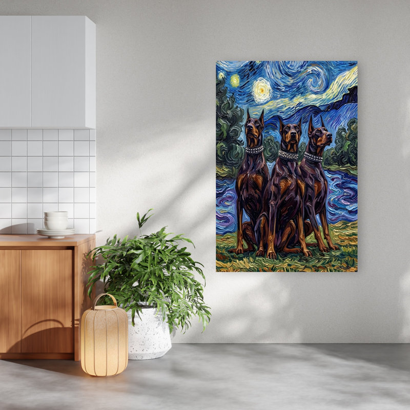 «Starry Night Dobermans Abstract Contemporary Dog Forest Landscape», reproduction d'art mural, H 60 po x l 40 po