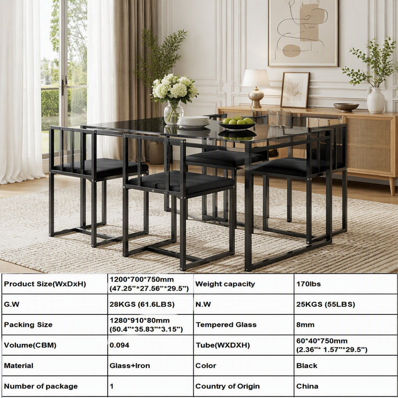 Table de salle à manger 47,25 pouces en verre trempé pour 4 personnes avec structure en métal noir