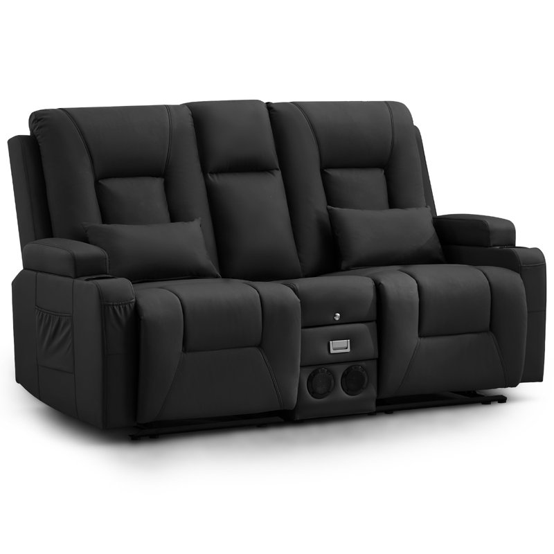 Canapé deux places inclinable manuellement avec console centrale rabattable, ports de chargement, haut-parleurs Bluetooth et porte-gobelets