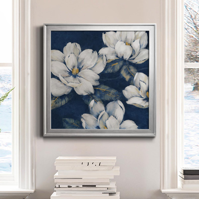 " Magnolias Indigo " Painting Print, Silver, 26.5" H x 26.5" W x 1.5" D