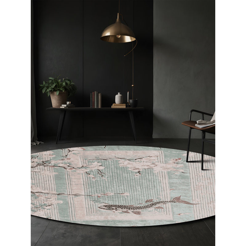 Tapis beige soyeux et moelleux, Rond 7 pi