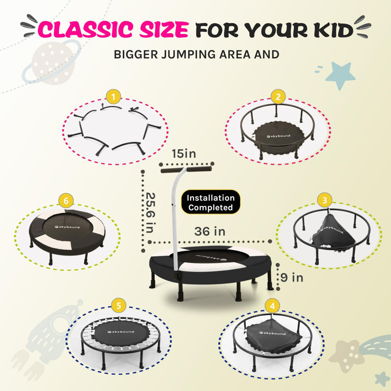 Mini trampoline 36 pouces avec poignée en T et coussin de sécurité, Noir mat