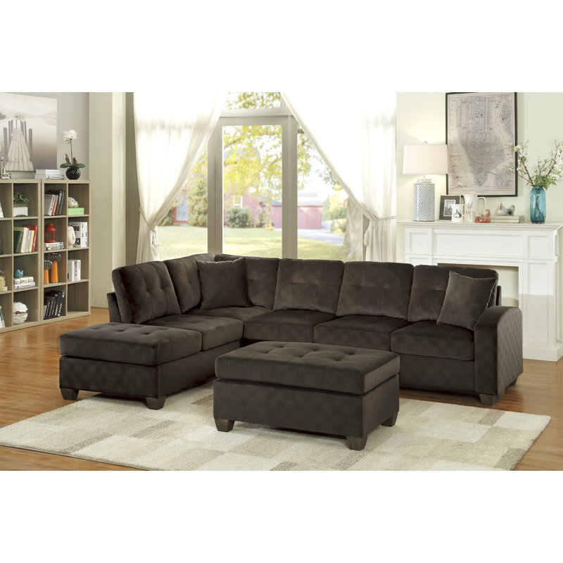 Canapé modulaire réversible avec repose-pieds Dyer, Microfibre chocolat / suédine
