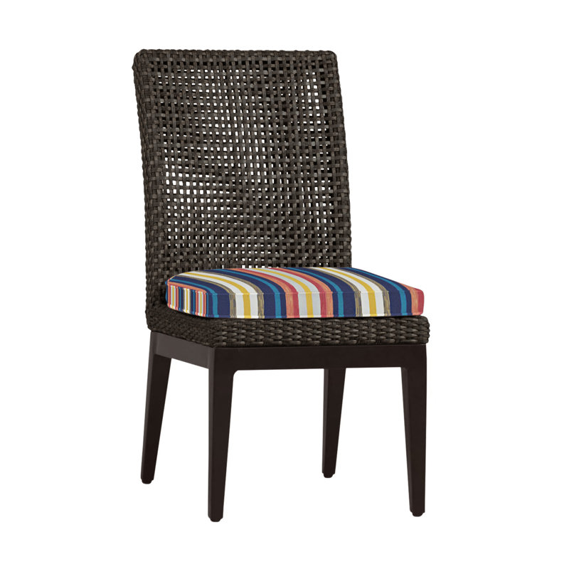 Peninsula Patio Dining Side Chair with Cushions, Mahogany/Chestnut, Rollo Chambray InsideOut® Linen, Welt