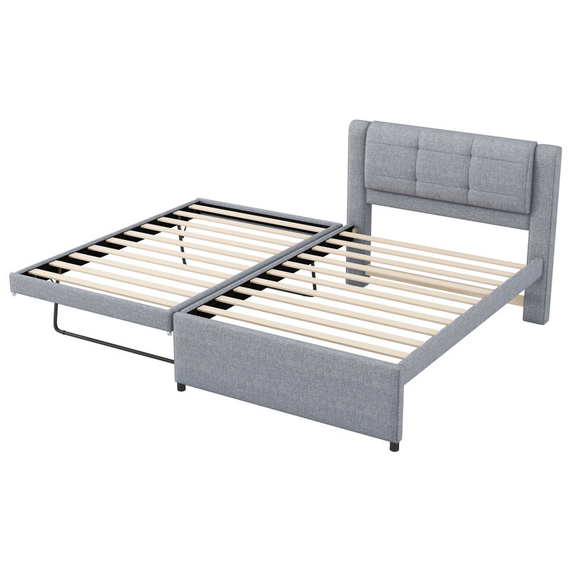 Twin Size Upholstered Platform Bed with Trundle, Trundle Can Be Flat or Raised, Space-Saving Design, Gray, Gray