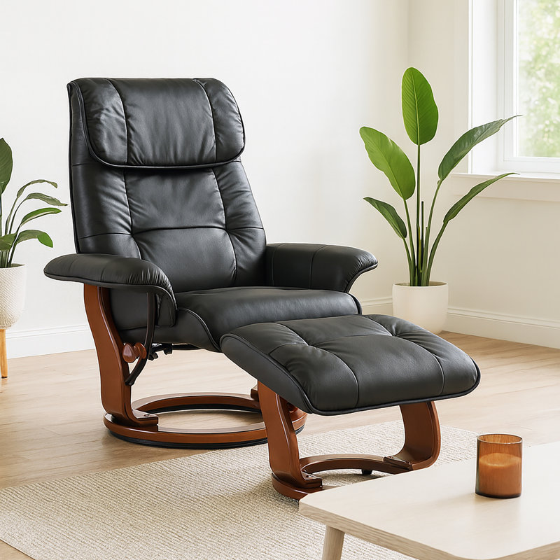 Célia Leather Swivel Recliner with Ottoman, Black