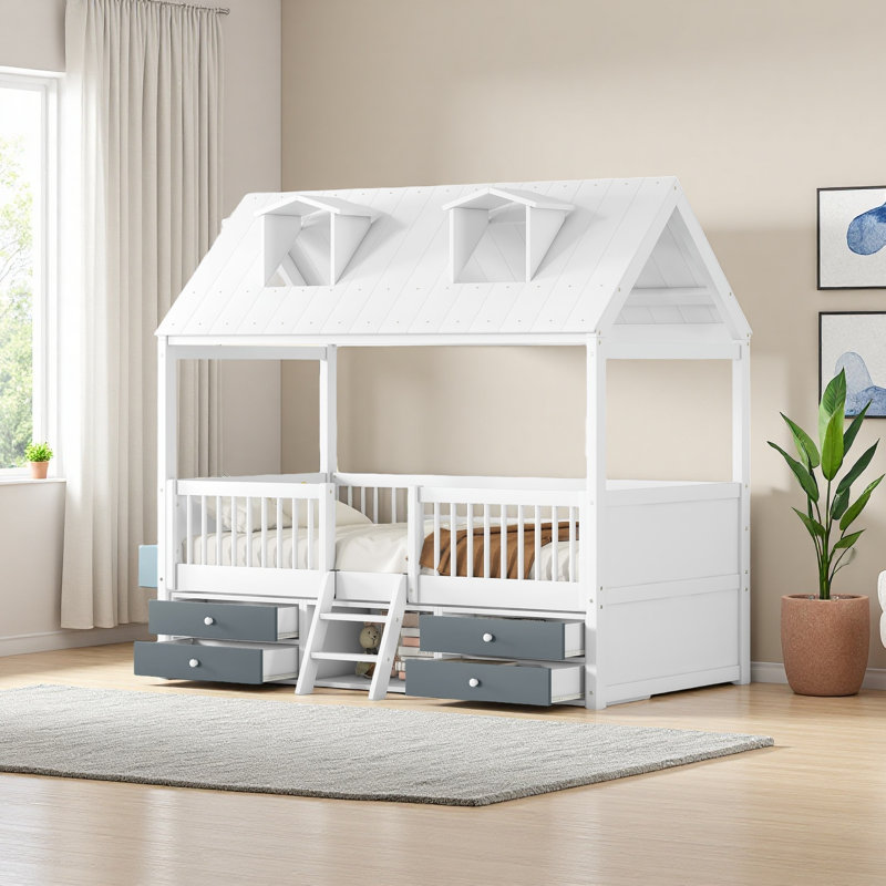 Structure de lit en bois, Blanc / Gris, Lit simple