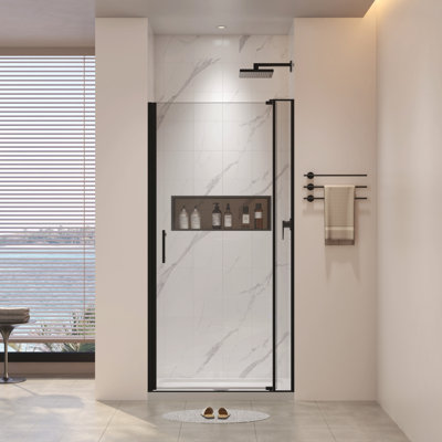 Porte de douche pivotante universelle à ouverture à gauche et à droite de 32 à 36 po x H 72 po, ouverte à l'extérieur, avec verre trempé de 1/4 po et 5/16 po et fini noir mat