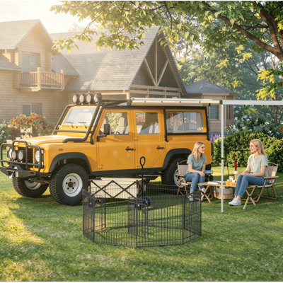 Parc pour chien en métal de 61 cm (24 pouces) à 8 panneaux avec tapis de sol imperméable 600D, idéal pour le jardin, le camping et les caravanes. Porte sécurisée avec verrou pour chiots, chats, lapins et petits animaux. Noir.