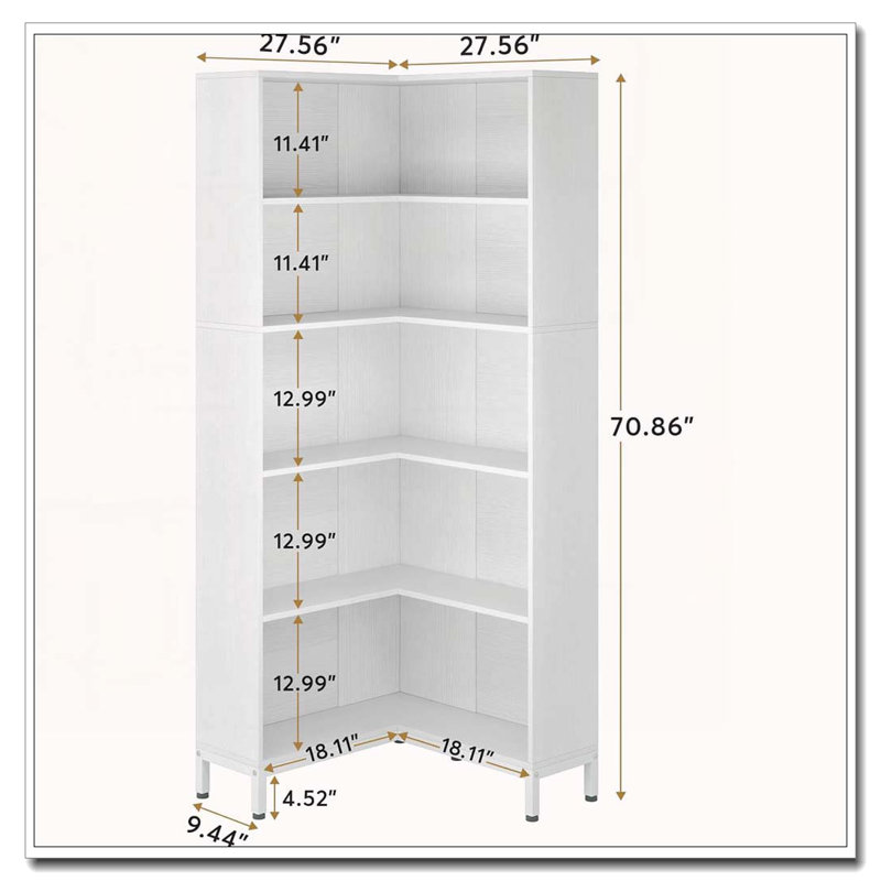 Bibliothèque de coin de 70,87 po de hauteur, 5 tablettes en forme de L, étagère industrielle de rangement, Blanc