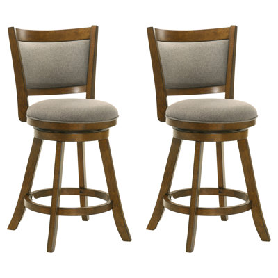 Aiden Modern Farmhouse Swivel Wood Counter Height Kitchen Bar Stool In Sepia Brown Finish With Grey Fabric Upholstered Seat - Set Of 2