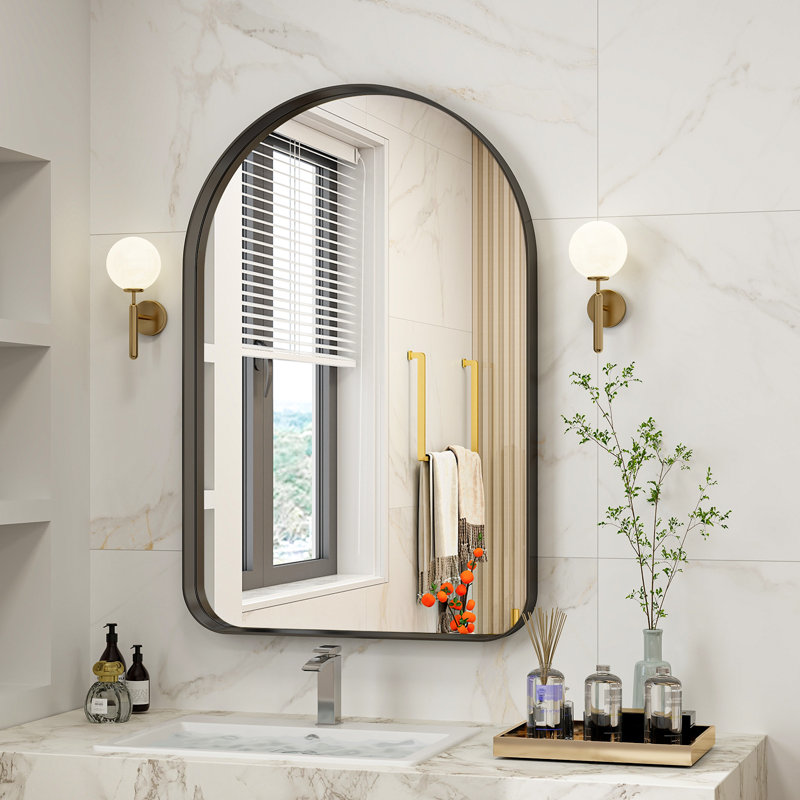 Mordern-Design Arched Deep Framed Waterproof Bathroom Mirror, Black, 38" x 26"
