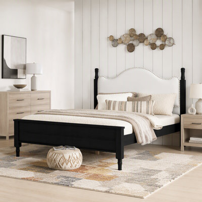 Wood Platform Bed with Upholstered Headboard