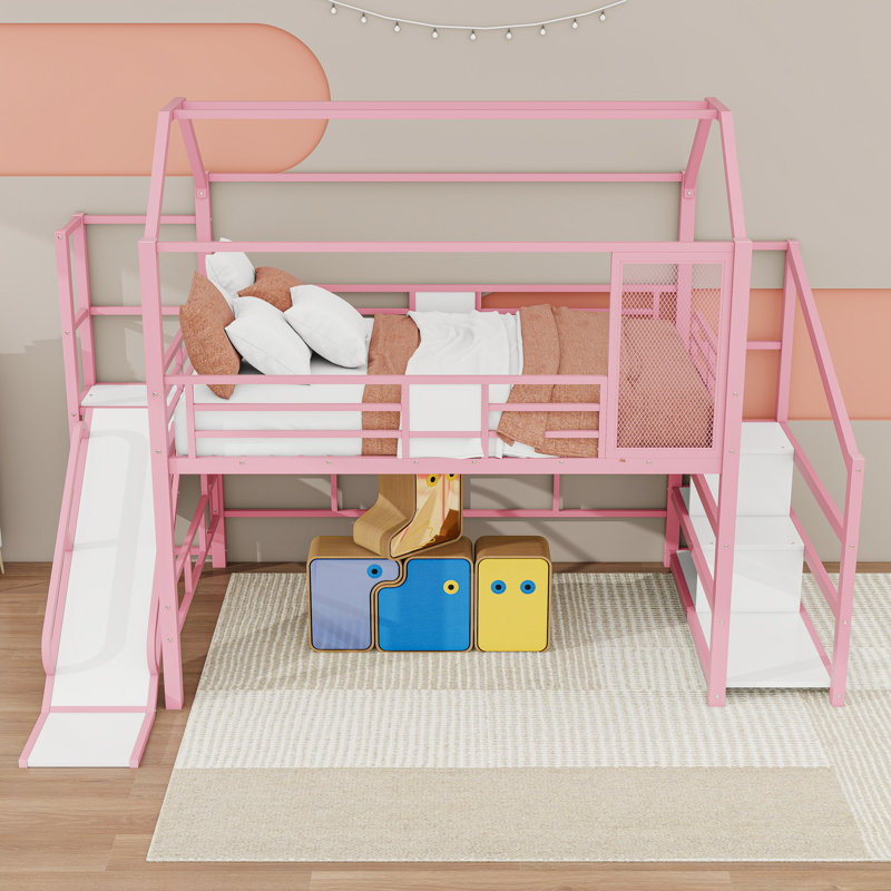 Metal Loft Bed With Staircase And Slide, Full, Pink