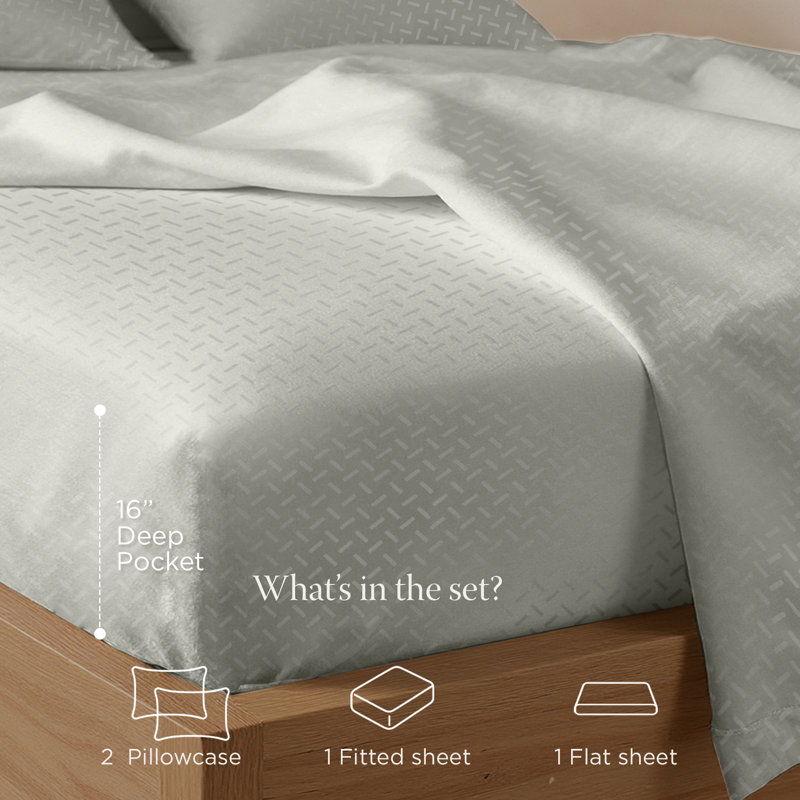 300 Thread Count 100% Cotton Jacquard Sheet Set in Sateen Weave, California King Sheet Set with 2 Pillowcases