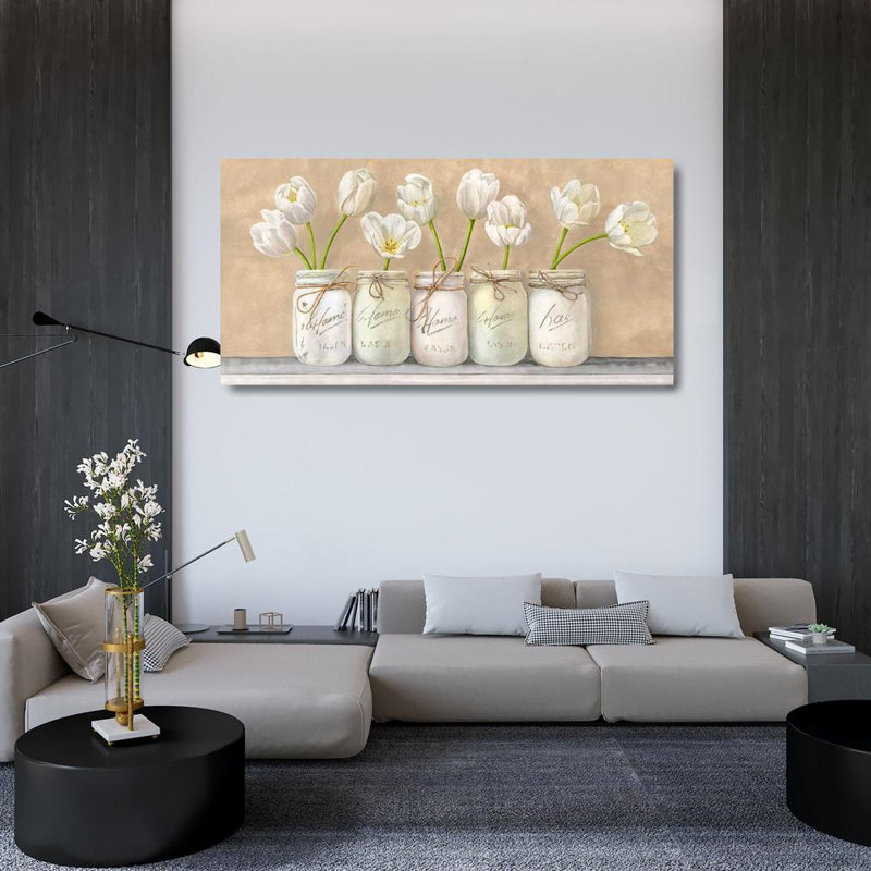 "August Grove" Thomlinson, Jenny Gallery, art sur toile tendue: tulipes blanches dans des pots Mason, H 26 po x l 48 po