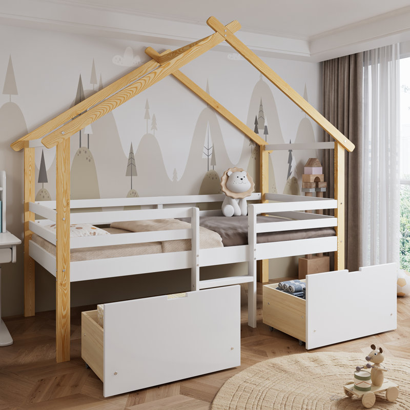 Playful House Bed With Storage Drawers - 3Ft Single Children's Bed In White & Natural