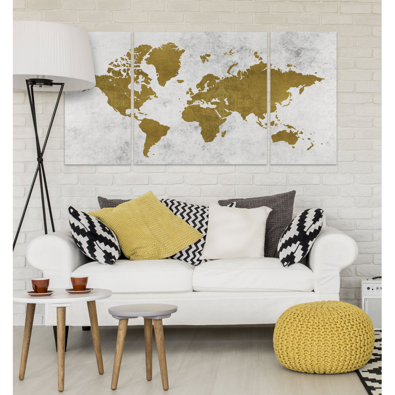 « golden world map », reproduction d’image multi-parties sur toile, H 24 po x l 48 po x P 1,5 po