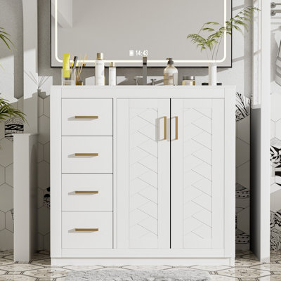 Ensemble de meuble-lavabo 36 po avec lavabo en céramique, armoire de rangement en bois massif, ensemble de meuble-lavabo autoportant avec 3 tiroirs et portes à fermeture douce