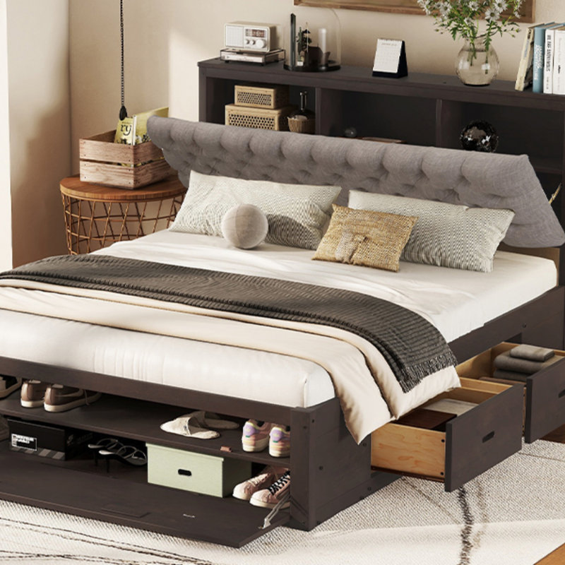 Wood Queen Size Platform Bed With Storage Headboard, Shoe Rack, And 4 Drawers For Maximum Space Utilization, Espresso