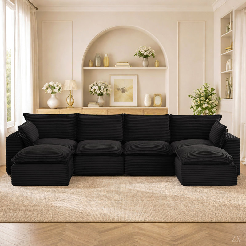 Canapé modulaire de 140 po, velours côtelé adapté aux animaux de compagnie, configuration sans outil, en forme de U / en L / de canapé-lit / droit, modules légers, aucun assemblage requis