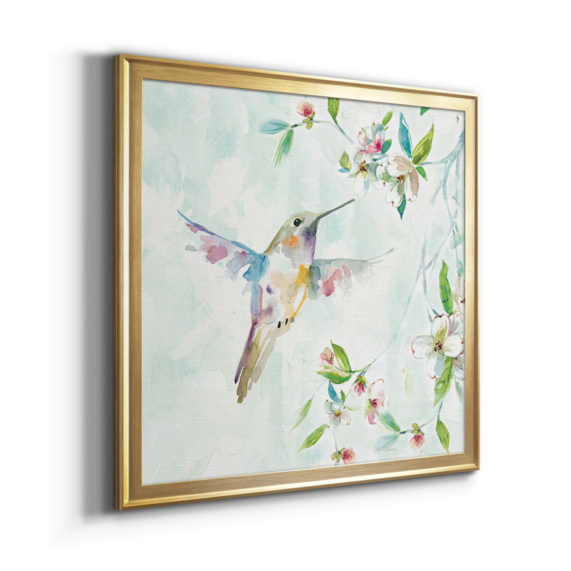 Colibri I - peinture encadrée sur papier, Papier encadré doré, Pas de tapis, H 34,5 po x l 69 po x P 1,5 po