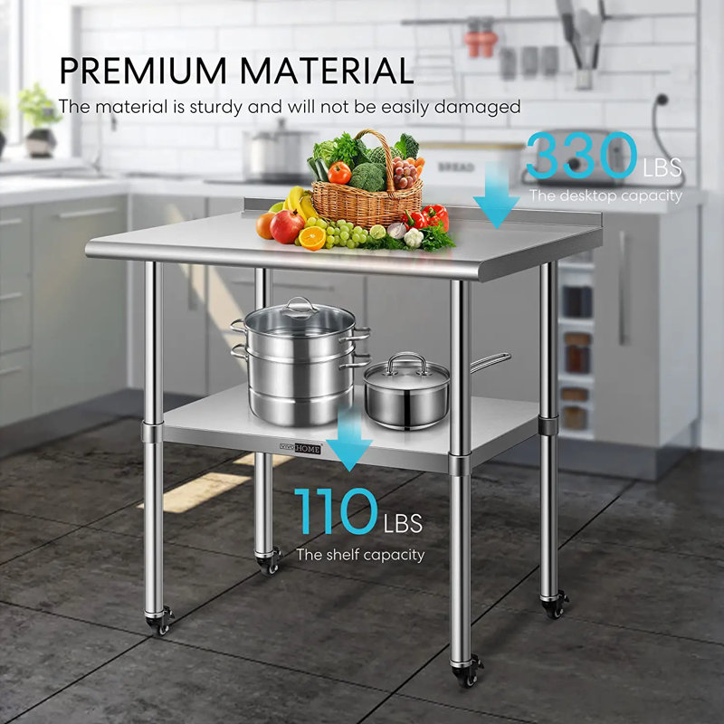 Stainless Steel Work Table with Backsplash and Wheels