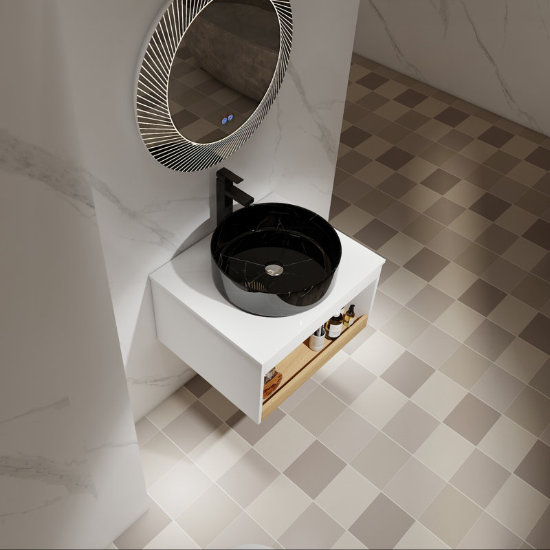 Meuble-lavabo mural 24 po, lavabo vasque rond, tablette ouverte, Black Veined