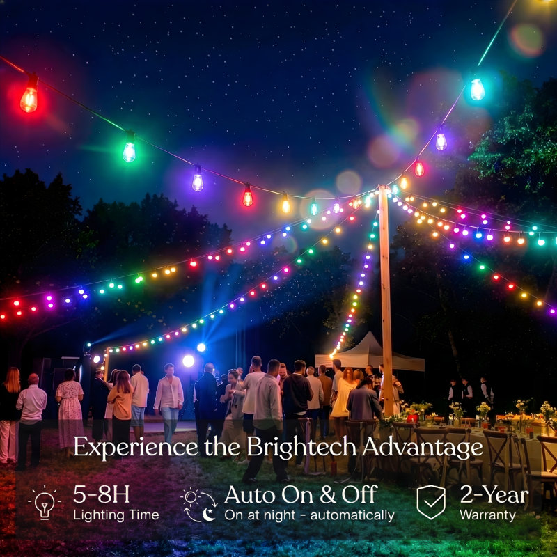 Hybrid 104 ft. Solar Powered & Plug-In RGB LED String Lights Outdoor Patio Waterproof with 48 S14 Shatterproof Bulbs, Color Changing, Remote Control