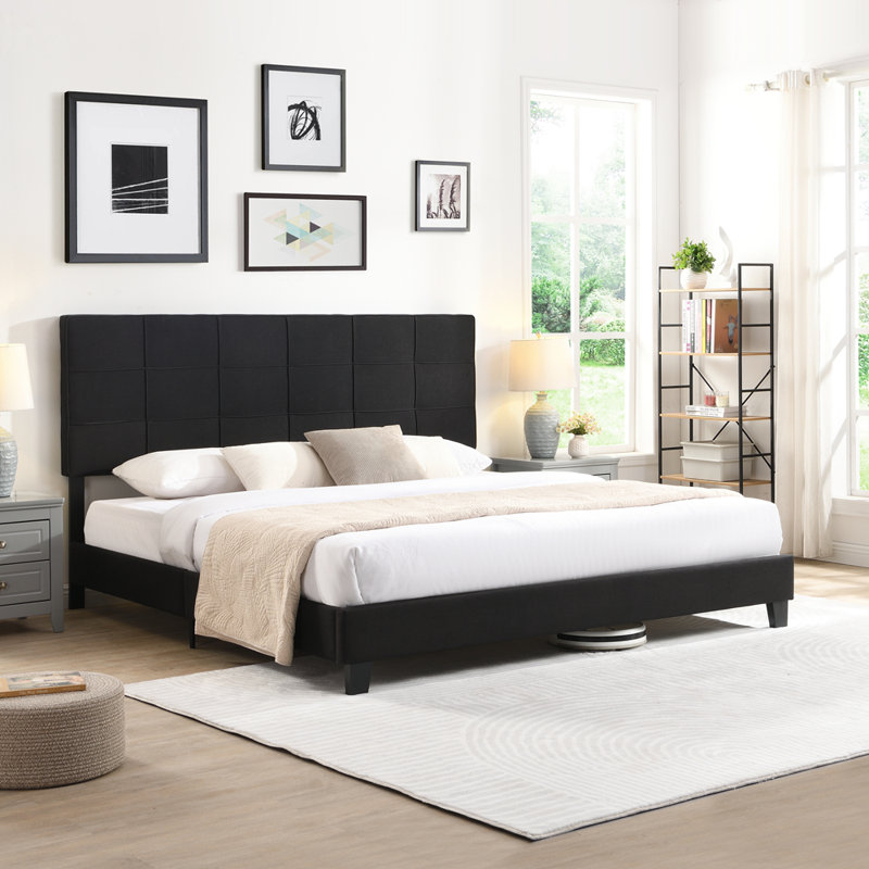 Upholstered Platform Bed Frame with Linen Fabric Headboard, No Box Spring Needed, Wood Slat Support, Easy Assembly, Noir